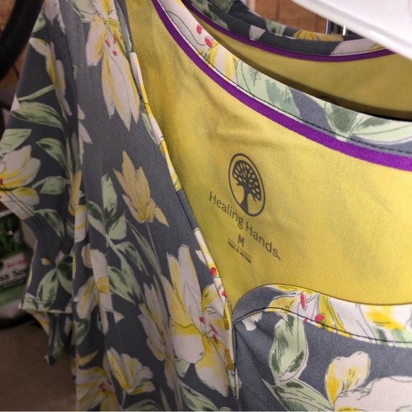 Healing Hands Purple Label Two Button Jewel Neck grey yellow floral scrub top - Picture 8 of 8